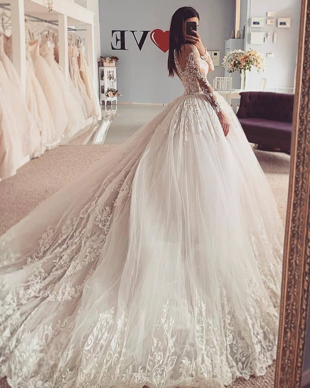 Classy Long A-Line Bateau Appliques Lace Tulle Wedding Dress with Sleeves by BIZTUNNEL