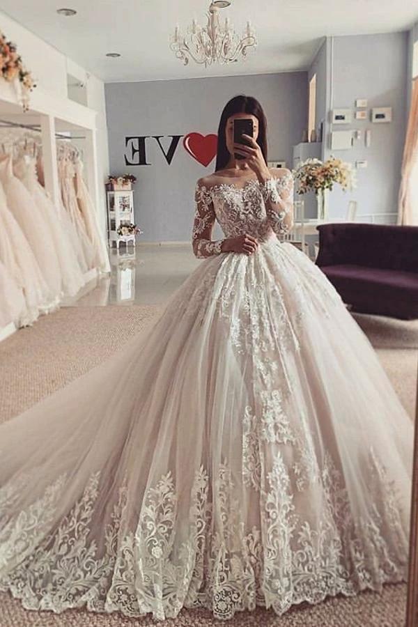 Classy Long A-Line Bateau Appliques Lace Tulle Wedding Dress with Sleeves by BIZTUNNEL