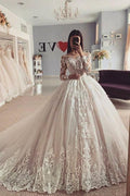 Classy Long A-Line Bateau Appliques Lace Tulle Wedding Dress with Sleeves by BIZTUNNEL