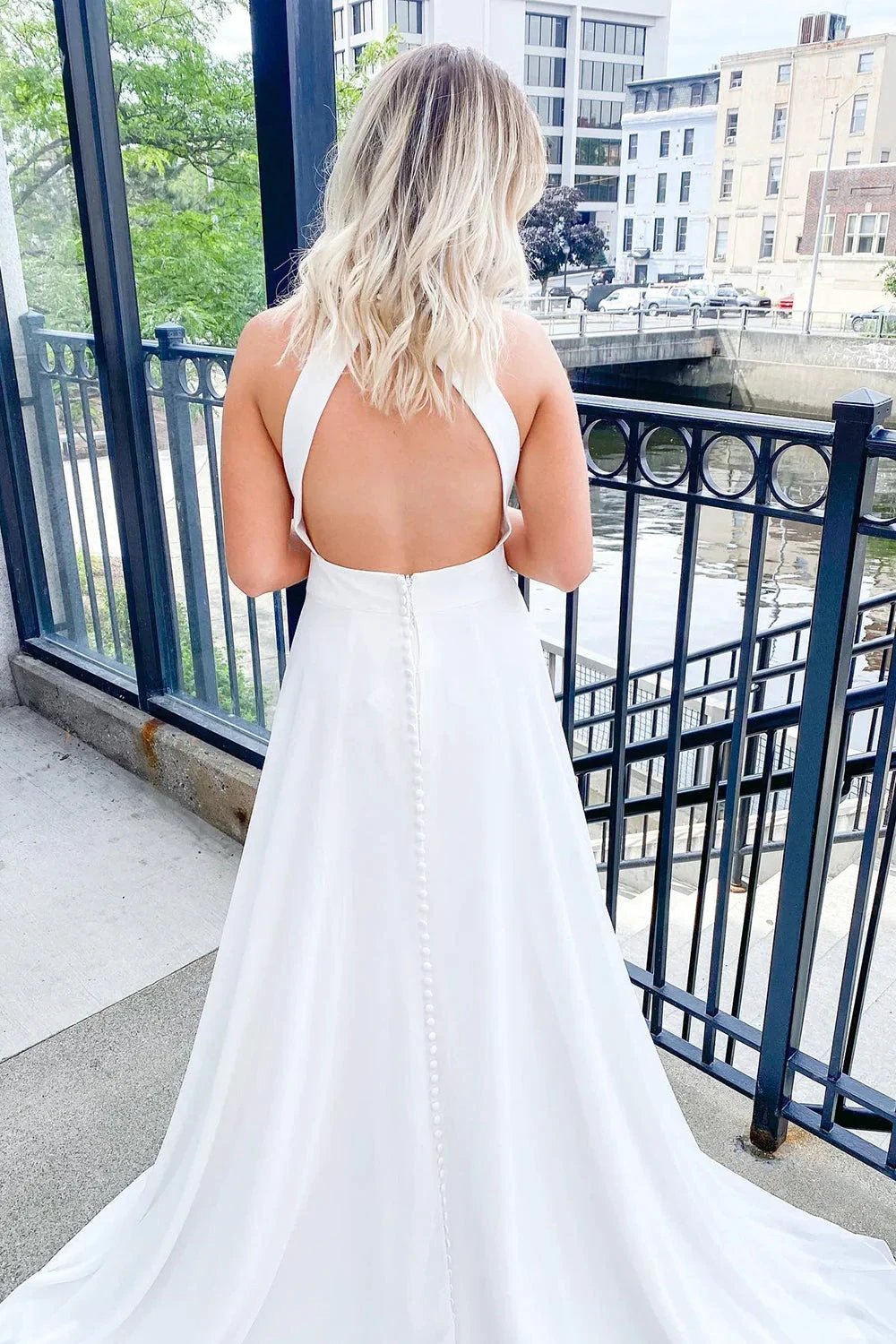 Classy Long A-line Halter Open Back Satin Wedding Dress by BIZTUNNEL