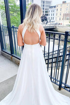 Classy Long A-line Halter Open Back Satin Wedding Dress by BIZTUNNEL