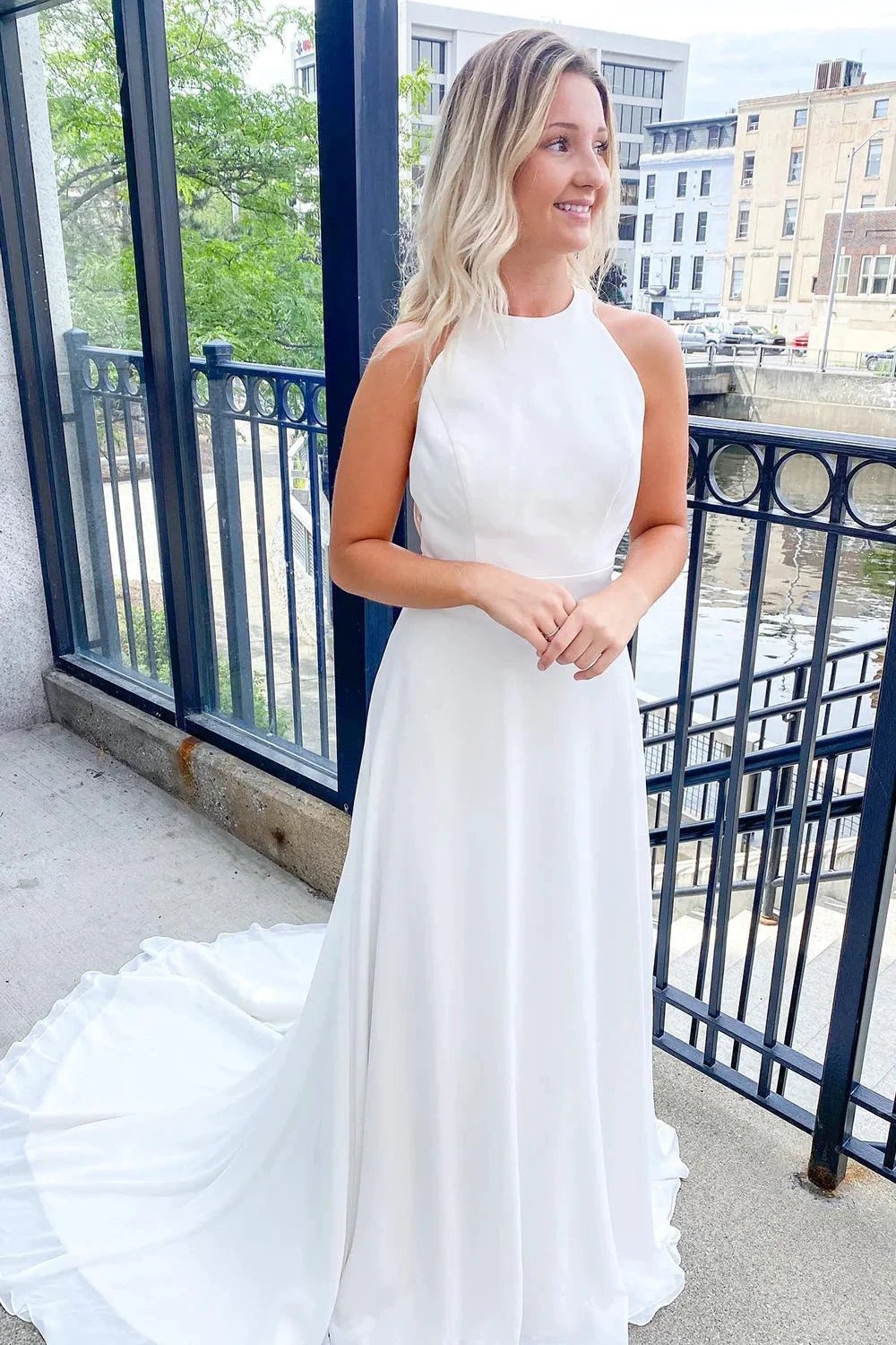 Classy Long A-line Halter Open Back Satin Wedding Dress by BIZTUNNEL