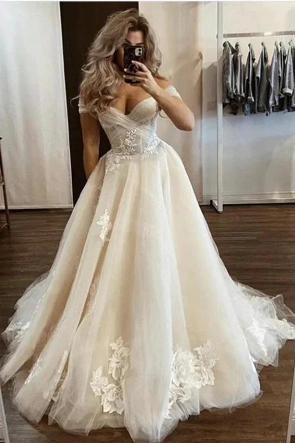Classy Long A-line Off-the-shoulder Tulle Lace Wedding Dress by BIZTUNNEL