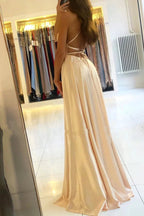 Classy Long A-line Satin Open Back Prom Dress with Slit by BIZTUNNEL