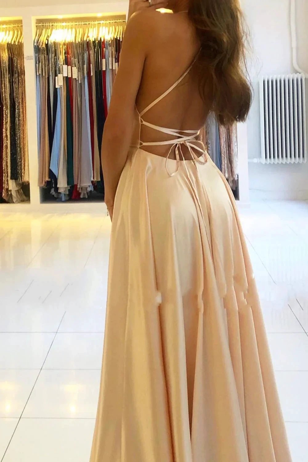 Classy Long A-line Satin Open Back Prom Dress with Slit by BIZTUNNEL