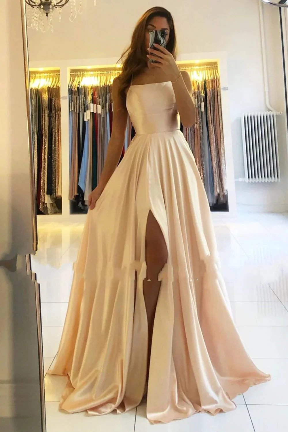 Classy Long A-line Satin Open Back Prom Dress with Slit by BIZTUNNEL