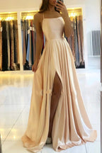 Classy Long A-line Satin Open Back Prom Dress with Slit by BIZTUNNEL