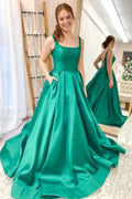 Classy Long A-line Spaghetti Straps Satin Backless Prom Dress With Pockets by BIZTUNNEL
