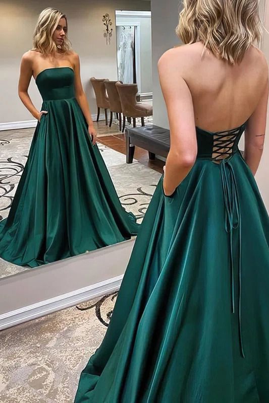 Classy Long A-Line Strapless Satin Backless Prom Dress With Pockets