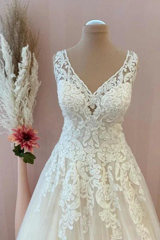 Classy Long A-Line Sweetheart Appliques Lace Tulle Backless Wedding Dress by BIZTUNNEL