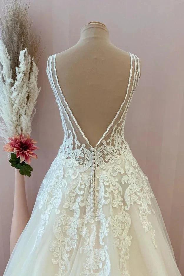 Classy Long A-Line Sweetheart Appliques Lace Tulle Backless Wedding Dress by BIZTUNNEL