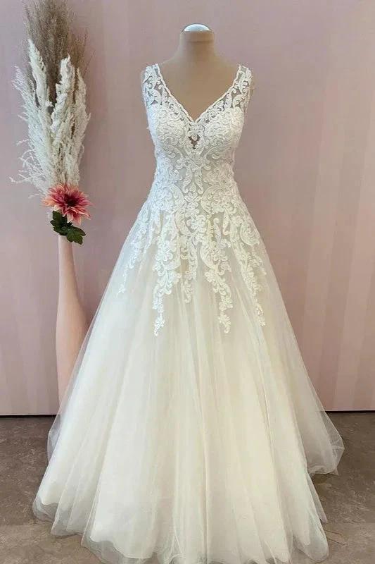 Classy Long A-Line Sweetheart Appliques Lace Tulle Backless Wedding Dress by BIZTUNNEL