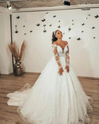 Classy Long A-Line Sweetheart Appliques Lace Tulle Wedding Dress with Sleeves by BIZTUNNEL