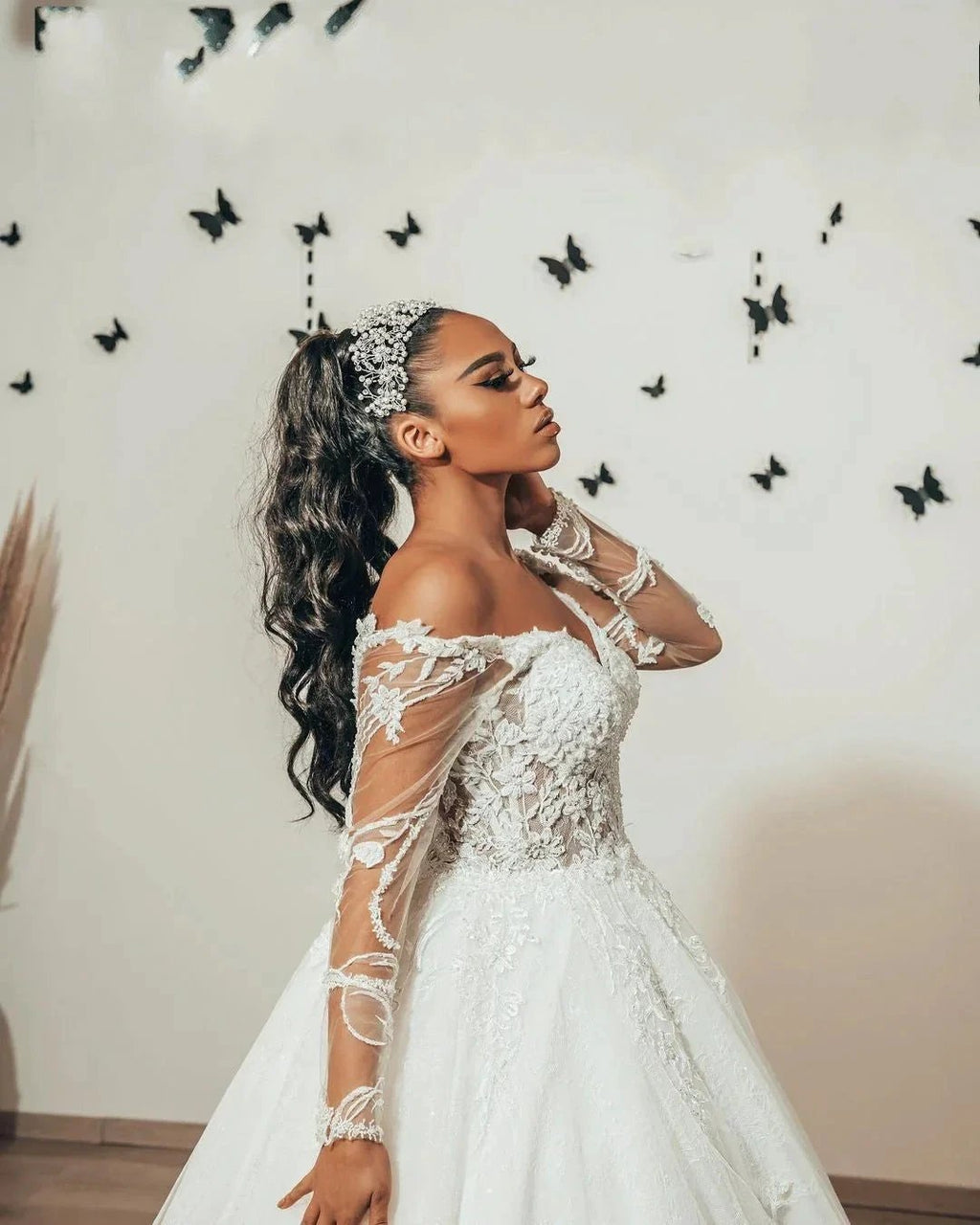 Classy Long A-Line Sweetheart Appliques Lace Tulle Wedding Dress with Sleeves by BIZTUNNEL