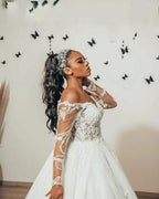 Classy Long A-Line Sweetheart Appliques Lace Tulle Wedding Dress with Sleeves by BIZTUNNEL