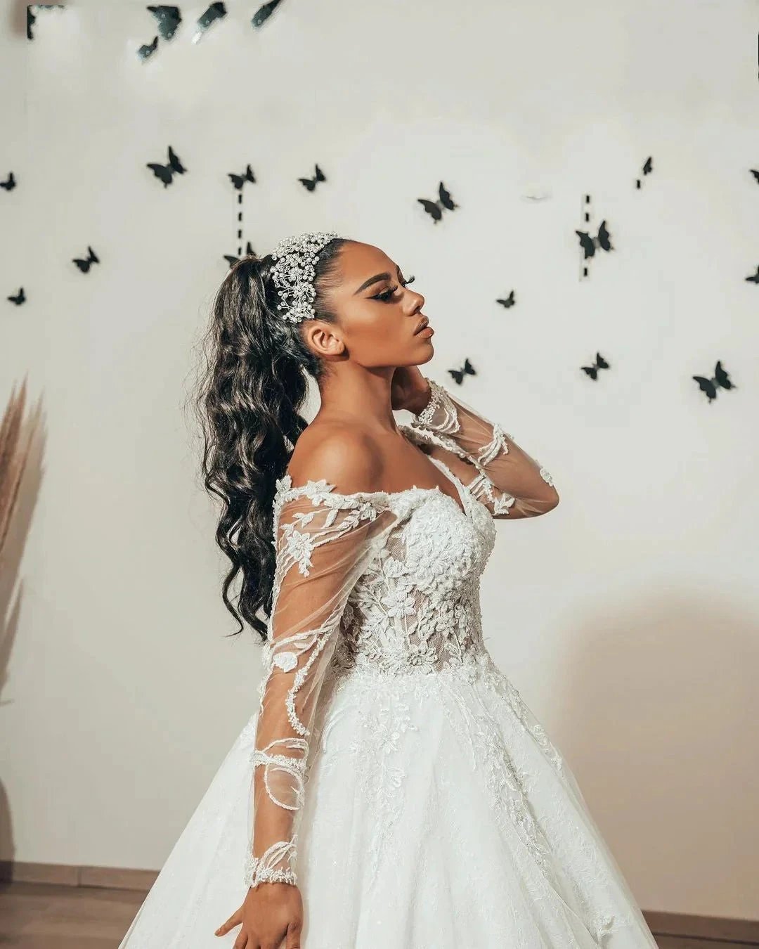 Classy Long A-Line Sweetheart Appliques Lace Tulle Wedding Dress with Sleeves by BIZTUNNEL