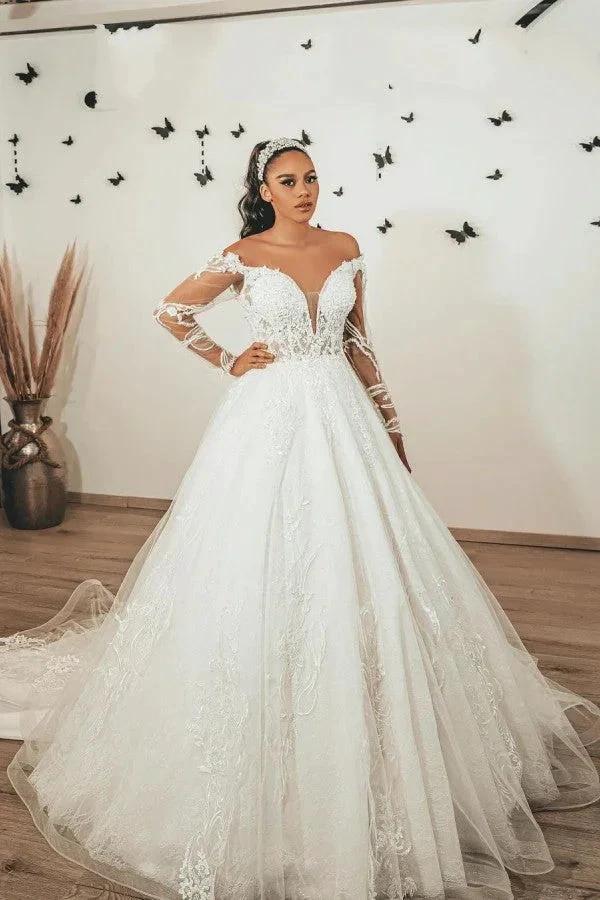 Classy Long A-Line Sweetheart Appliques Lace Tulle Wedding Dress with Sleeves by BIZTUNNEL