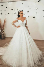 Classy Long A-Line Sweetheart Appliques Lace Tulle Wedding Dress with Sleeves by BIZTUNNEL