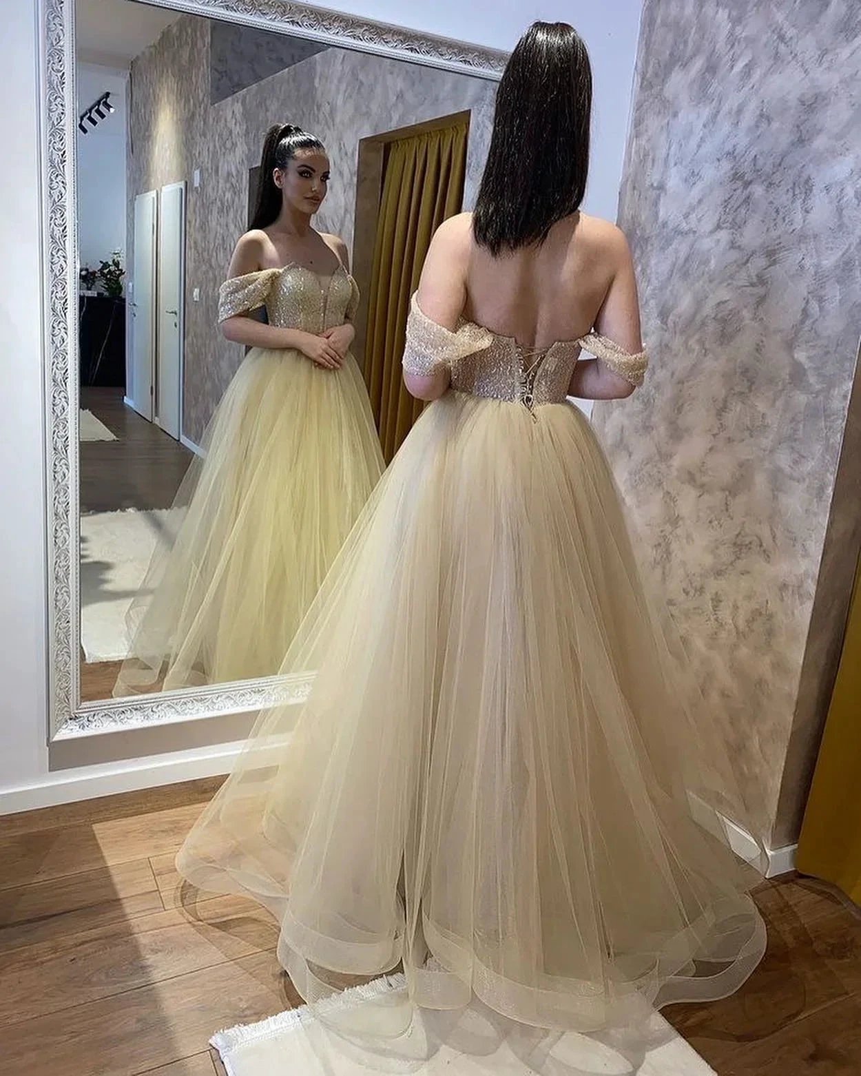 Classy Long A-Line Sweetheart Off-the-shoulder Beading Tulle Wedding Dress by BIZTUNNEL