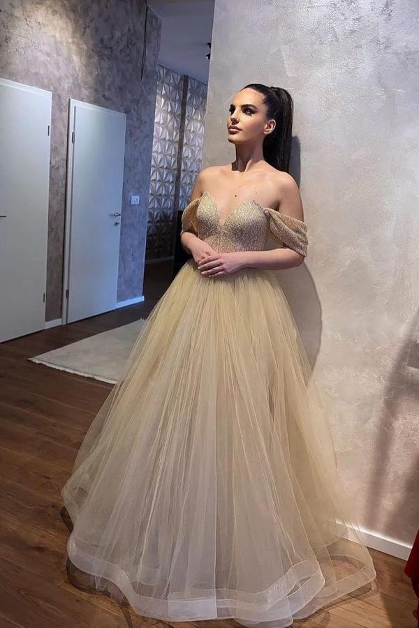 Classy Long A-Line Sweetheart Off-the-shoulder Beading Tulle Wedding Dress by BIZTUNNEL
