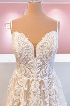 Classy Long A-Line Tulle Spaghetti Straps Appliques Lace Backless Wedding Dress by BIZTUNNEL