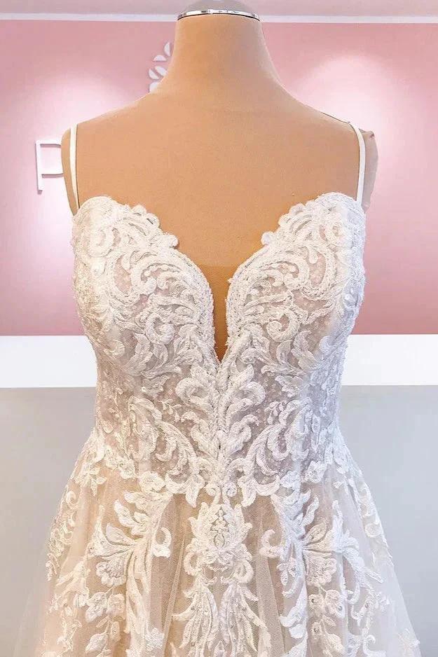 Classy Long A-Line Tulle Spaghetti Straps Appliques Lace Backless Wedding Dress by BIZTUNNEL