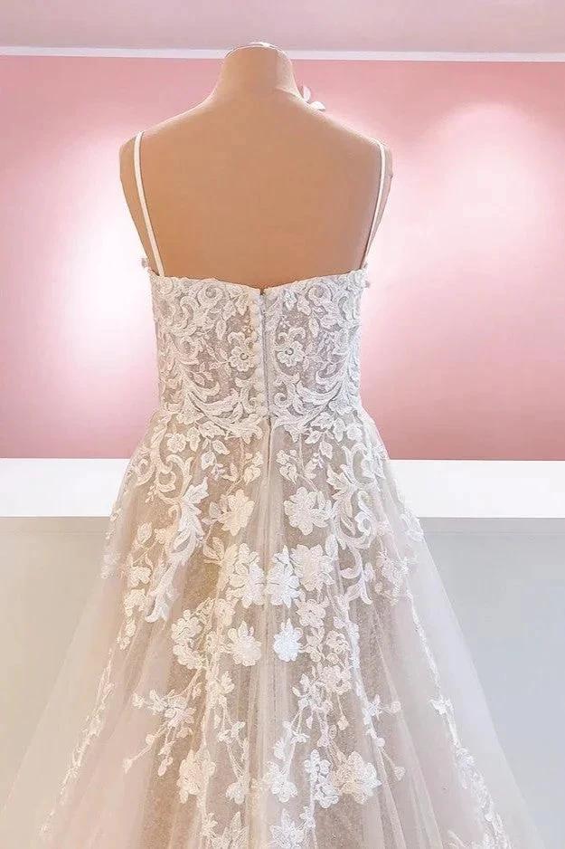 Classy Long A-Line Tulle Spaghetti Straps Appliques Lace Backless Wedding Dress by BIZTUNNEL