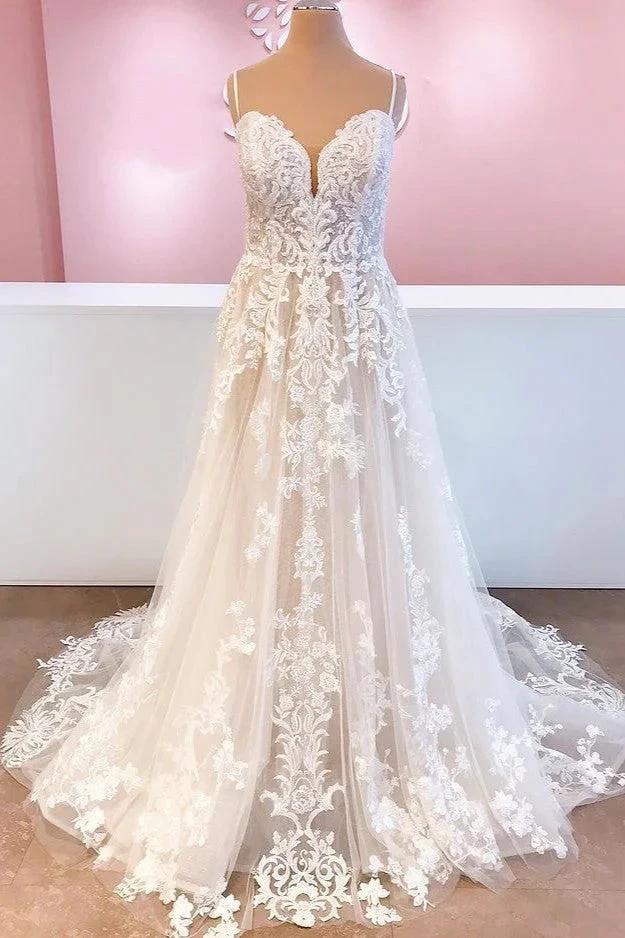 Classy Long A-Line Tulle Spaghetti Straps Appliques Lace Backless Wedding Dress by BIZTUNNEL