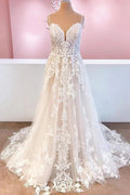 Classy Long A-Line Tulle Spaghetti Straps Appliques Lace Backless Wedding Dress by BIZTUNNEL