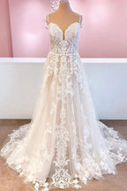 Classy Long A-Line Tulle Spaghetti Straps Appliques Lace Backless Wedding Dress by BIZTUNNEL