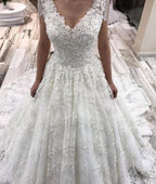 Classy Long A-Line V-neck Appliques Lace Crystal Wedding Dress by BIZTUNNEL