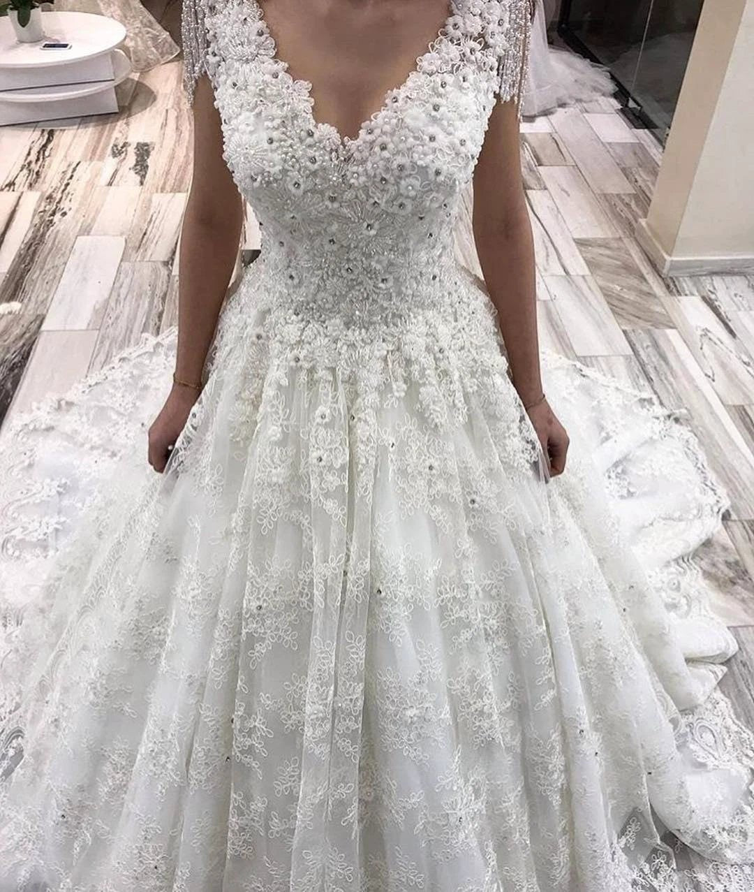 Classy Long A-Line V-neck Appliques Lace Crystal Wedding Dress by BIZTUNNEL