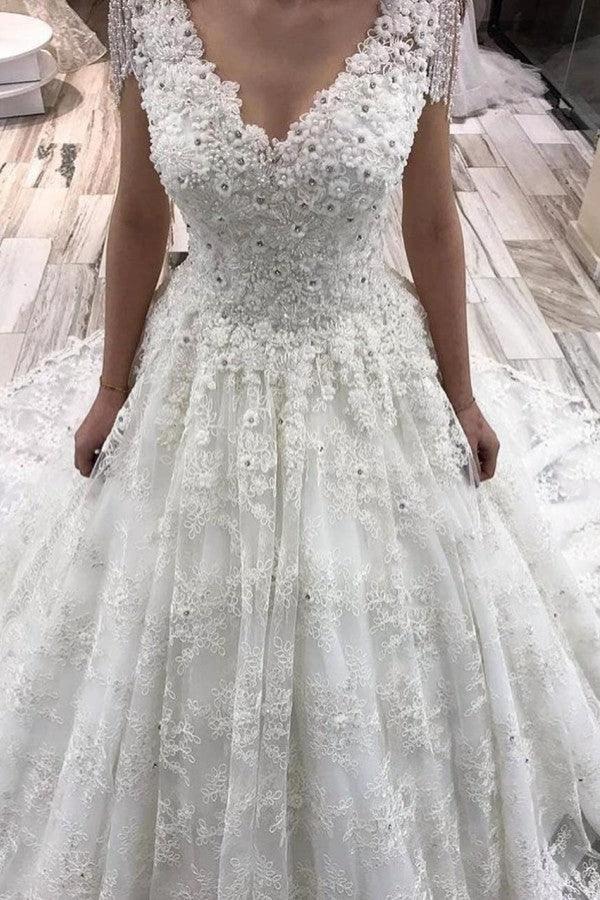 Classy Long A-Line V-neck Appliques Lace Crystal Wedding Dress by BIZTUNNEL