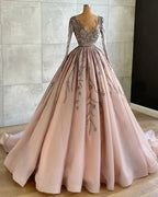 Classy Long A-line V-neck Beading Tulle Prom Dress with Sleeves by BIZTUNNEL