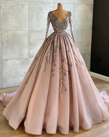 Edles langes A-Linien-Ballkleid aus Tüll mit V-Ausschnitt und Perlenbesatz und Ärmeln
