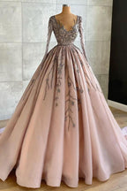 Classy Long A-line V-neck Beading Tulle Prom Dress with Sleeves by BIZTUNNEL