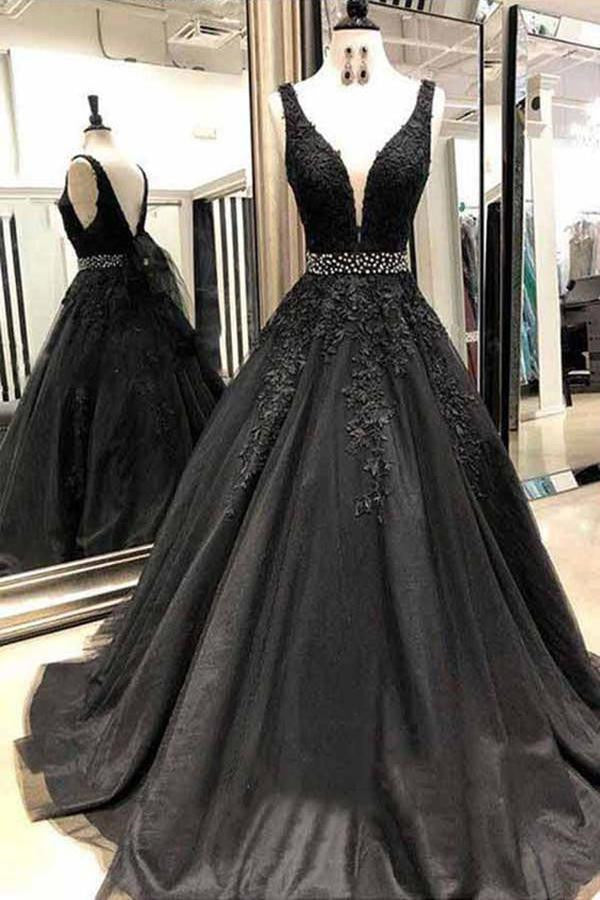 Classy Long A-Line Wide Straps Open Back Black Prom Dress Hover Image