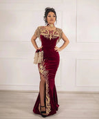 Classy Long Mermaid Appliques Lace Velvet Prom Dress With Slit by BIZTUNNEL