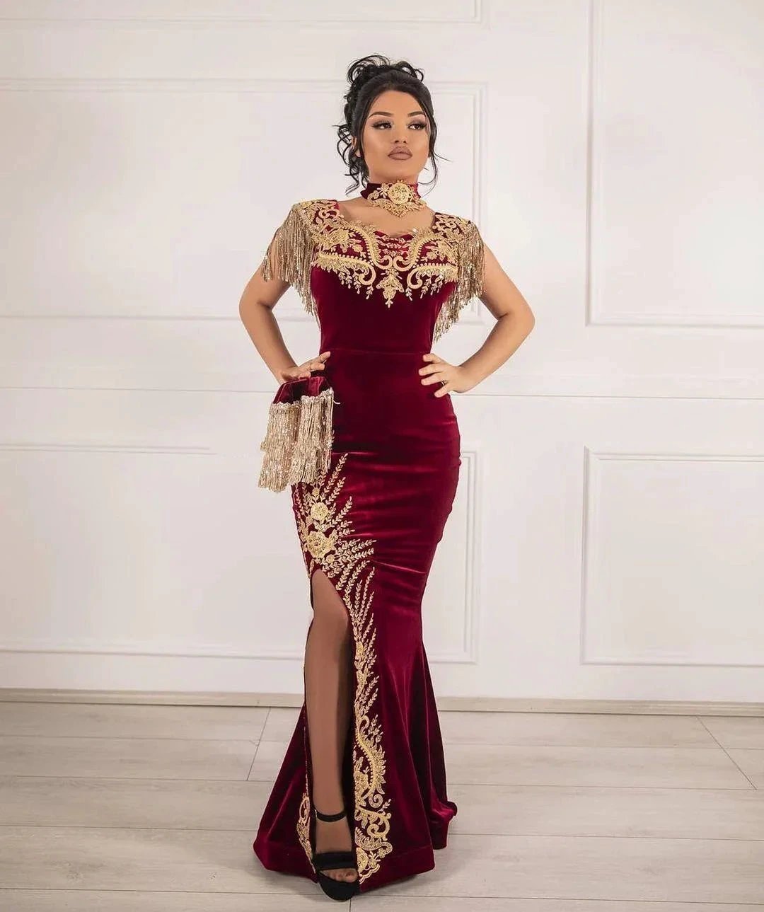 Classy Long Mermaid Appliques Lace Velvet Prom Dress With Slit by BIZTUNNEL