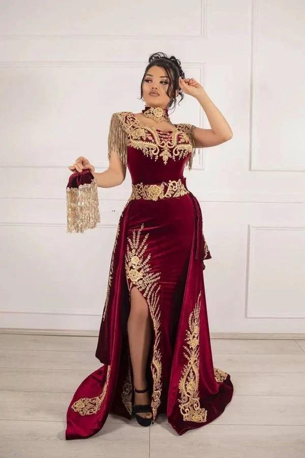Classy Long Mermaid Appliques Lace Velvet Prom Dress With Slit by BIZTUNNEL