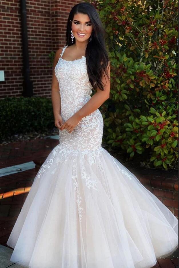 Classy Long Mermaid Backless Appliques Lace Tulle Prom Dress by BIZTUNNEL