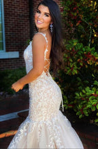 Classy Long Mermaid Backless Appliques Lace Tulle Prom Dress by BIZTUNNEL