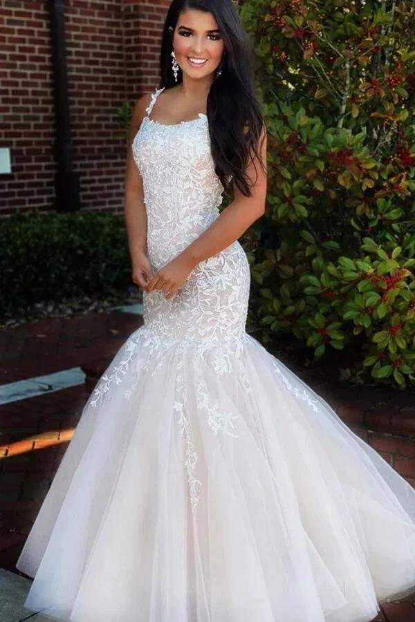 Classy Long Mermaid Backless Appliques Lace Tulle Prom Dress by BIZTUNNEL