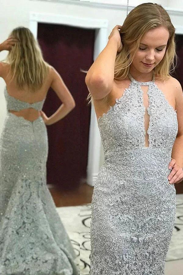 Classy Long Mermaid Halter Lace Prom Dresses by BIZTUNNEL