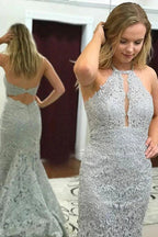 Classy Long Mermaid Halter Lace Prom Dresses by BIZTUNNEL