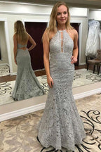 Classy Long Mermaid Halter Lace Prom Dresses by BIZTUNNEL