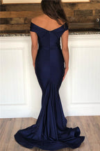 Classy Long Mermaid Off-the-shoulder Backless Dark Navy Prom Dress