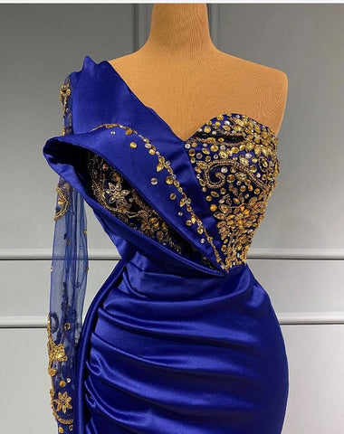 Vestido de fiesta elegante de sirena largo, de un solo hombro, azul real, con cola lateral