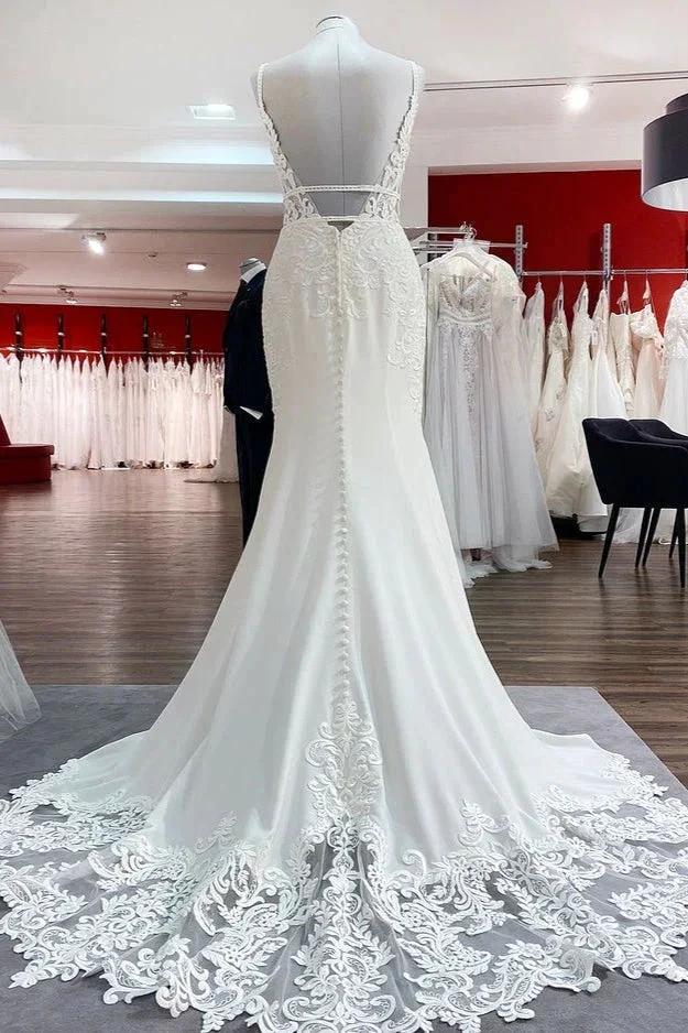 Classy Long Mermaid V-neck Satin Open Back Wedding Dress with Lace Appliques by BIZTUNNEL