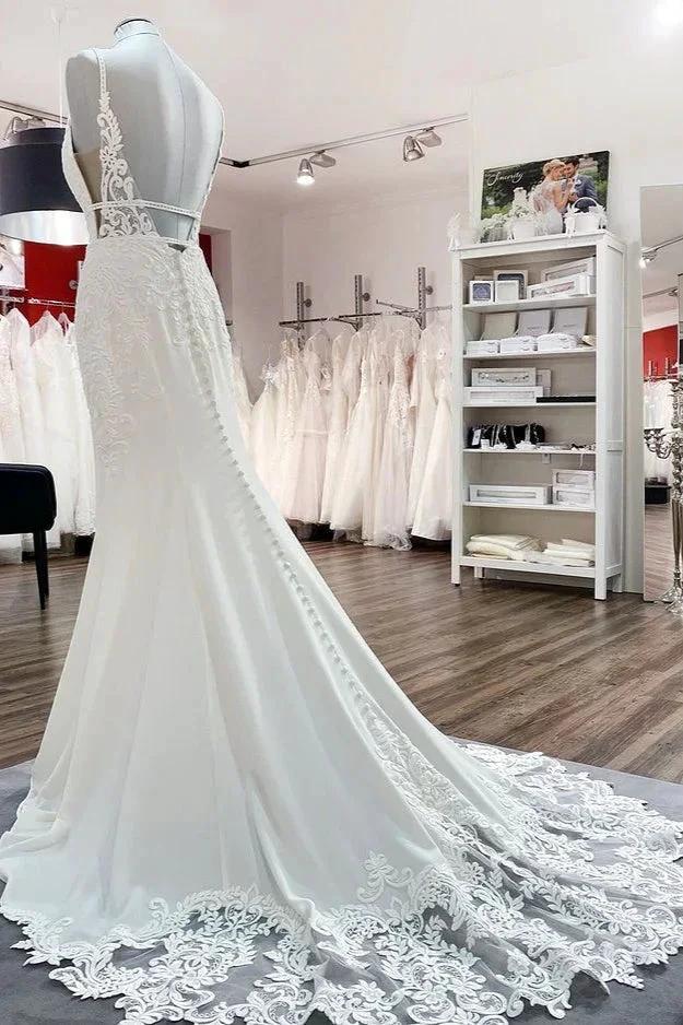 Classy Long Mermaid V-neck Satin Open Back Wedding Dress with Lace Appliques by BIZTUNNEL
